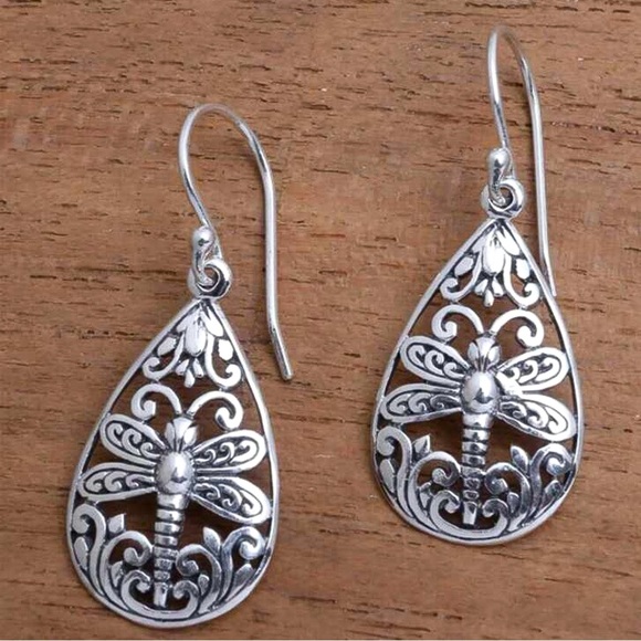 Any 4/$25! Silver Boho Teardrop Dragonfly Drop Earrings - Picture 2 of 5